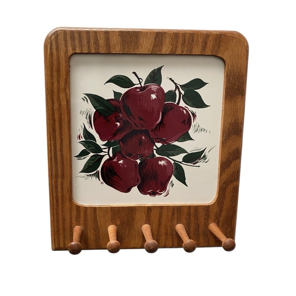 Applecore Vintage Wooden Ceramic Tile Wall Key Leash Hanger Farmhouse